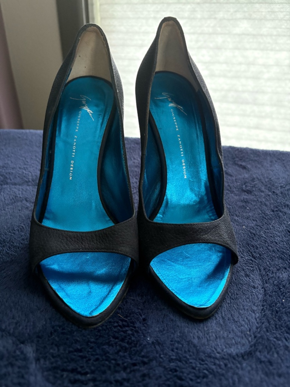 Giuseppe Zanotti Black Peep-Toe Heels with Blue Metallic Insole